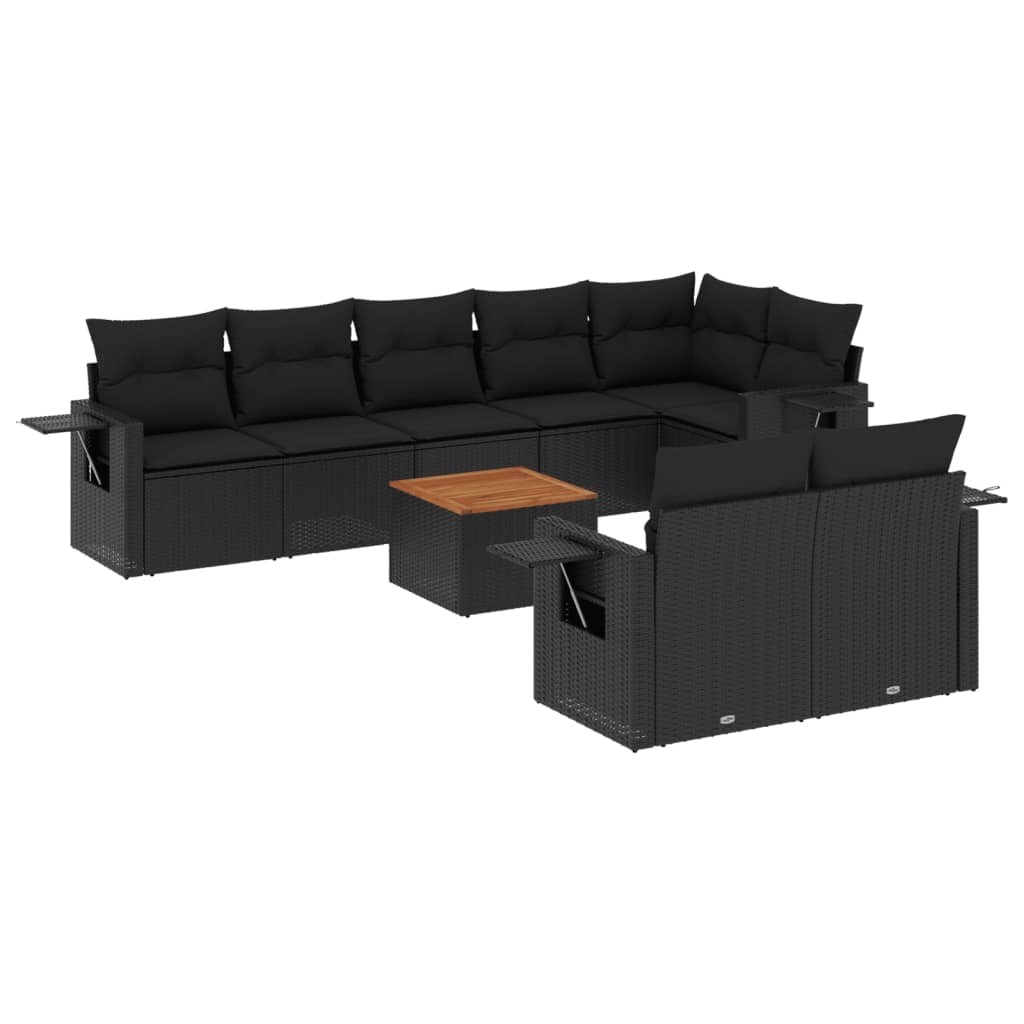 9-delige Loungeset met kussens poly rattan zwart