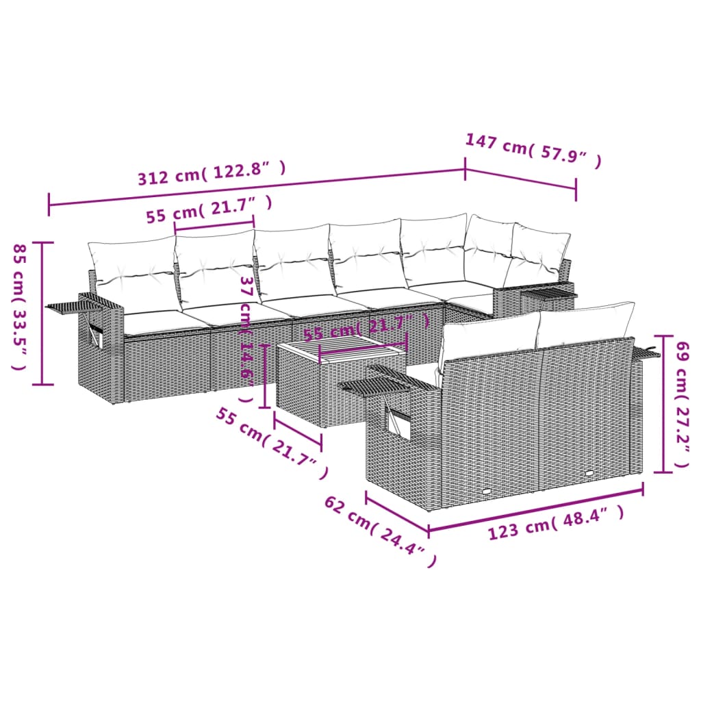 9-delige Loungeset met kussens poly rattan zwart