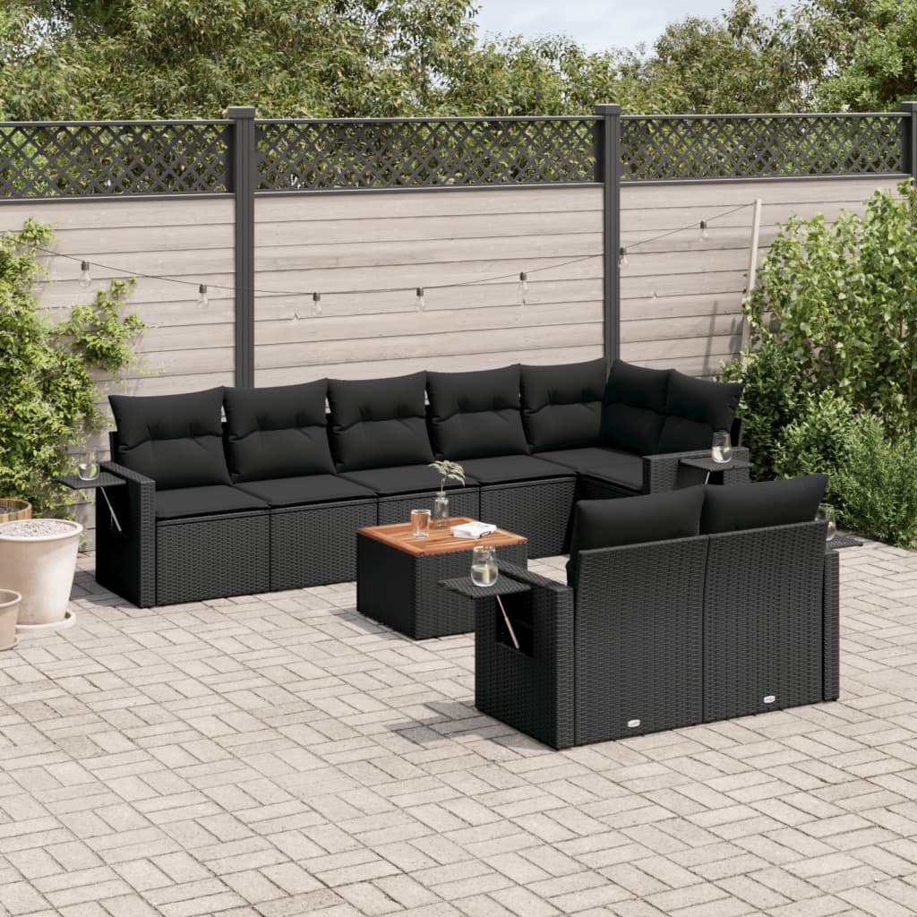 9-delige Loungeset met kussens poly rattan zwart