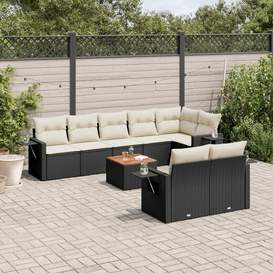 9-delige Loungeset met kussens poly rattan zwart