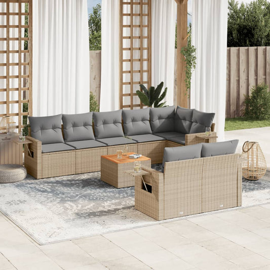 9-delige Loungeset met kussens poly rattan beige