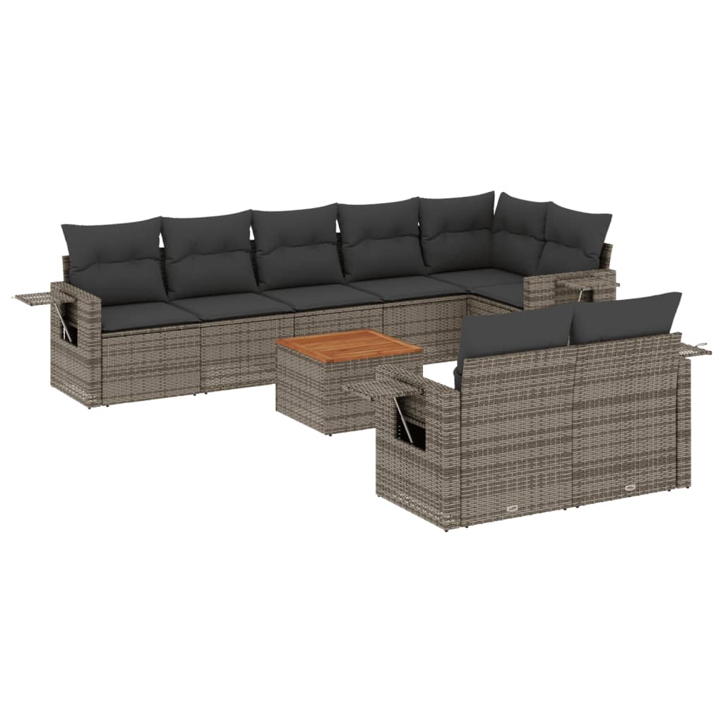 9-delige Loungeset met kussens poly rattan grijs