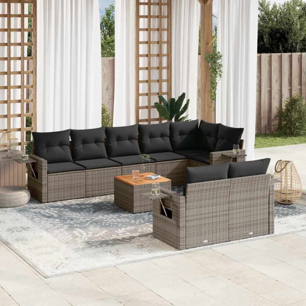 9-delige Loungeset met kussens poly rattan grijs