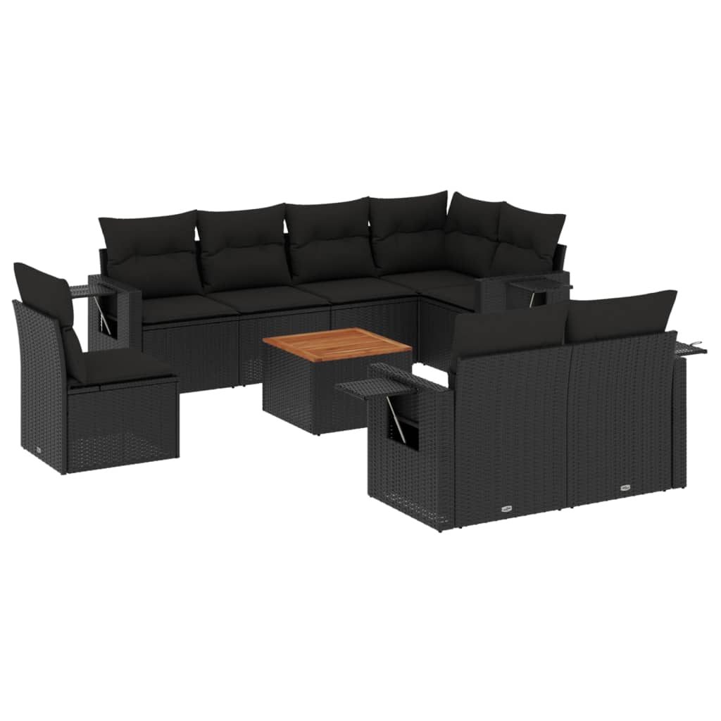 9-delige Loungeset met kussens poly rattan zwart