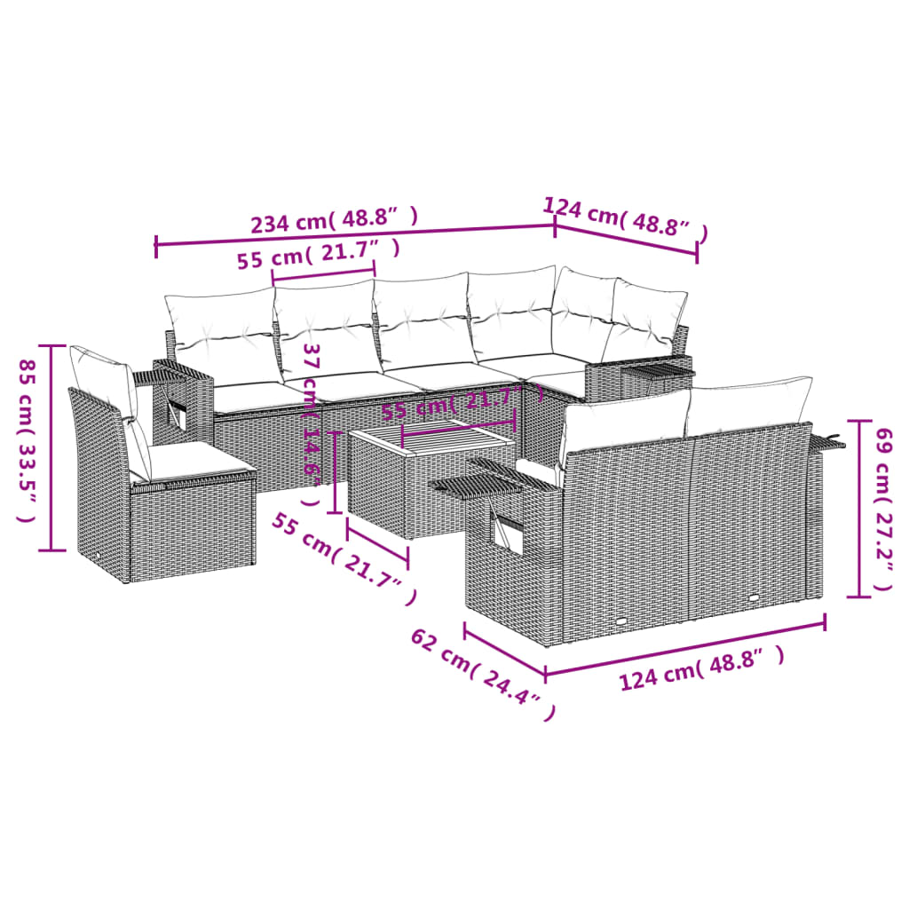 9-delige Loungeset met kussens poly rattan zwart