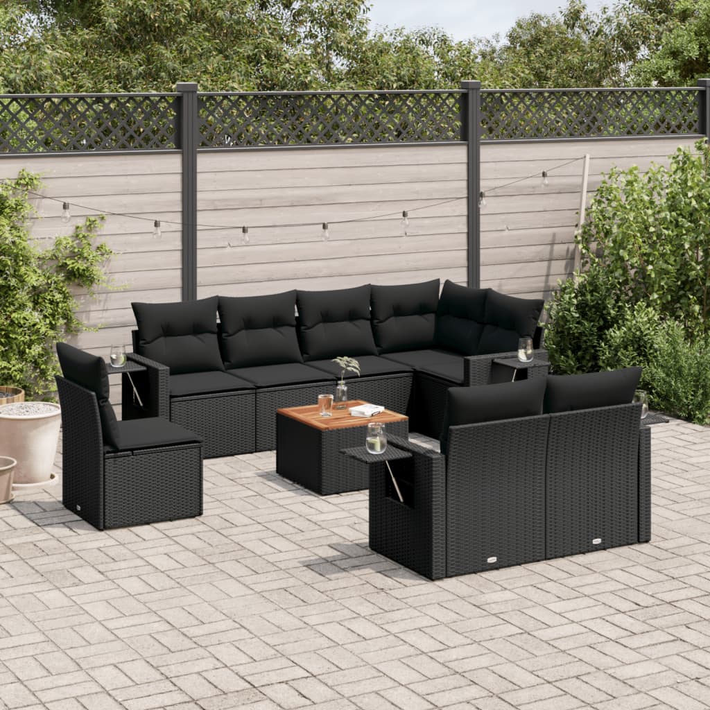 9-delige Loungeset met kussens poly rattan zwart