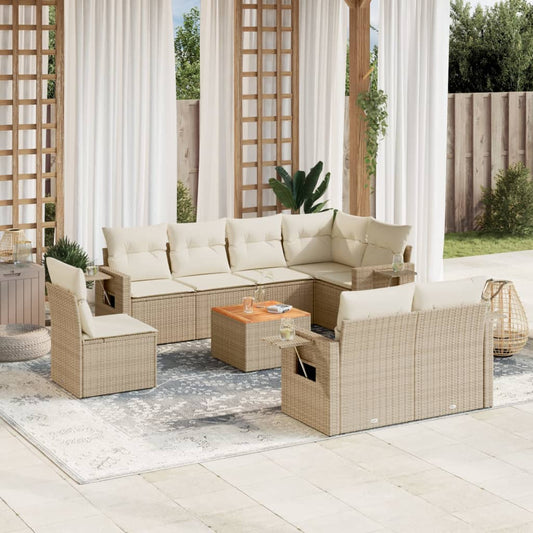 9-delige Loungeset met kussens poly rattan beige