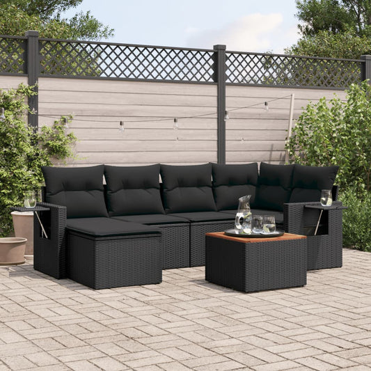 7-delige Loungeset met kussens poly rattan zwart