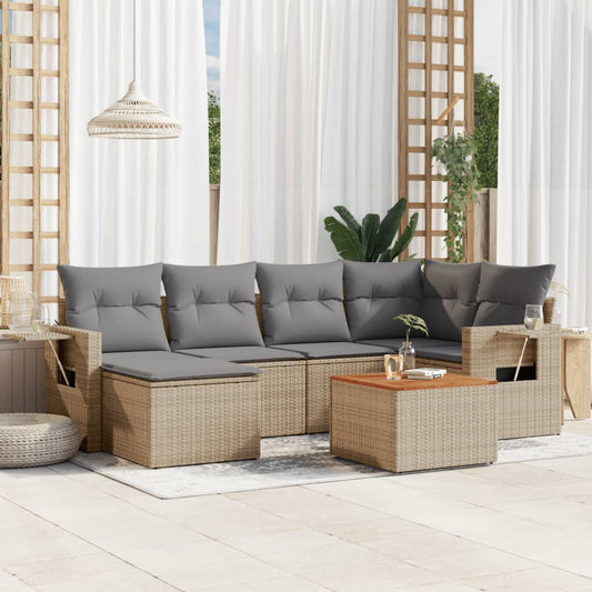 7-delige Loungeset met kussens poly rattan beige