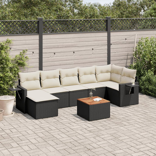 8-delige Loungeset met kussens poly rattan zwart