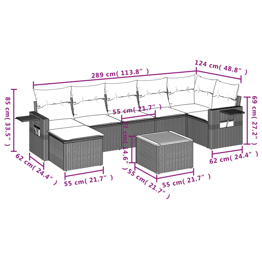 8-delige Loungeset met kussens poly rattan grijs