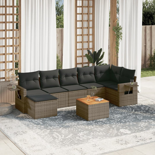 8-delige Loungeset met kussens poly rattan grijs