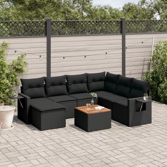 8-delige Loungeset met kussens poly rattan zwart