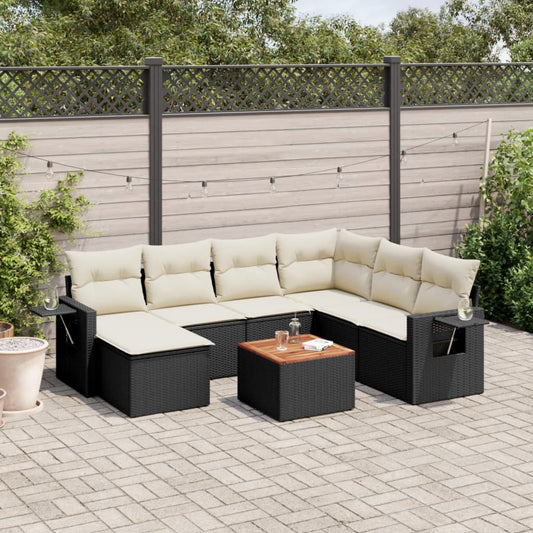 8-delige Loungeset met kussens poly rattan zwart