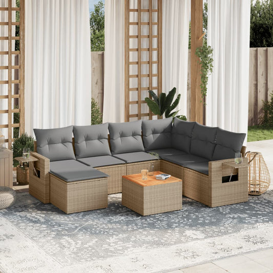 8-delige Loungeset met kussens poly rattan beige