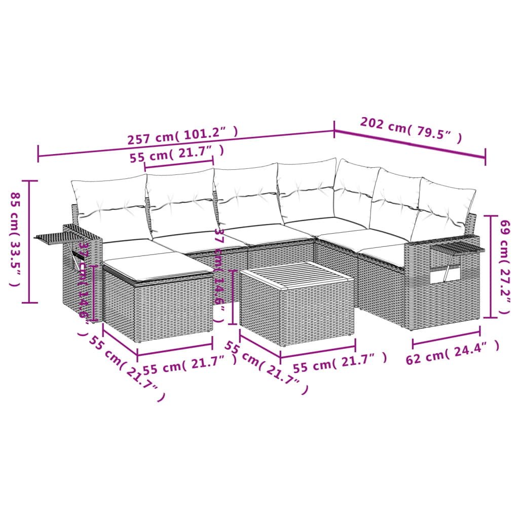 8-delige Loungeset met kussens poly rattan grijs