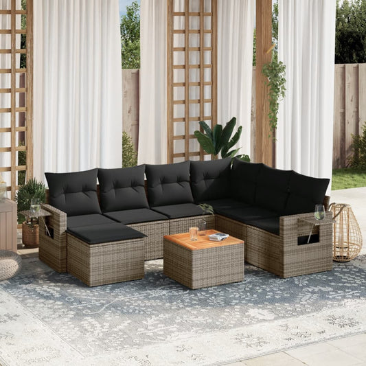 8-delige Loungeset met kussens poly rattan grijs