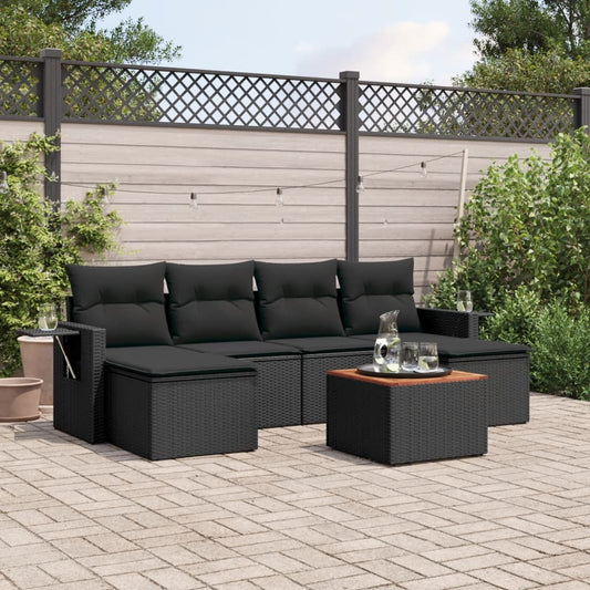 7-delige Loungeset met kussens poly rattan zwart