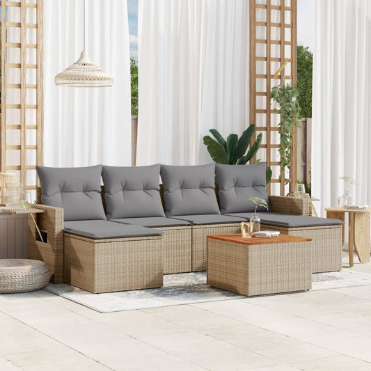 7-delige Loungeset met kussens poly rattan beige