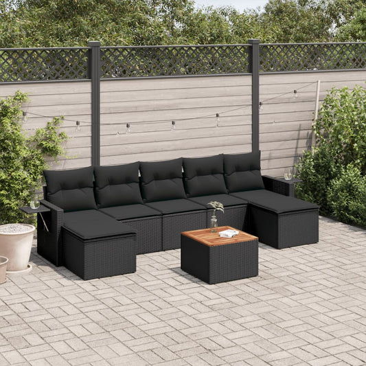 8-delige Loungeset met kussens poly rattan zwart