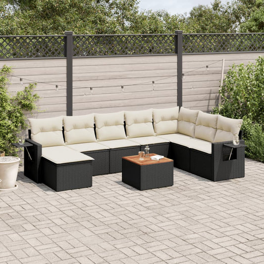 9-delige Loungeset met kussens poly rattan zwart