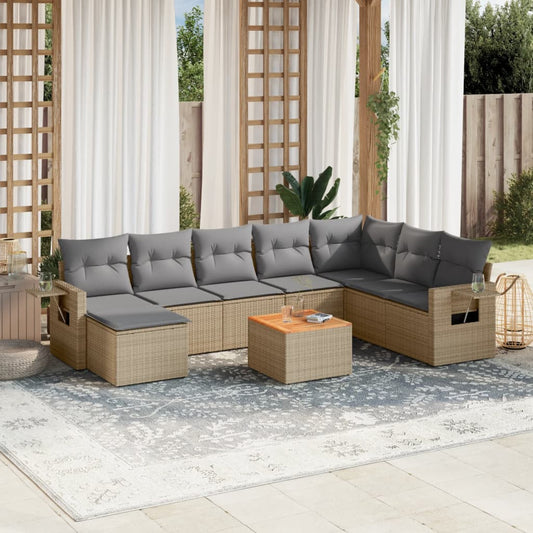 9-delige Loungeset met kussens poly rattan beige