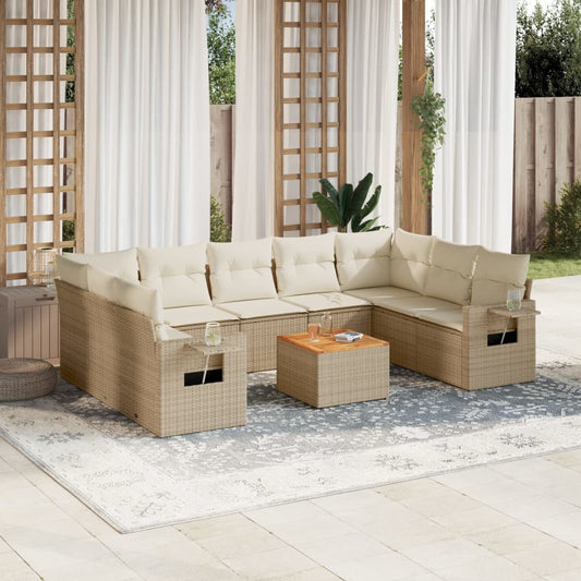 10-delige Loungeset met kussens poly rattan beige