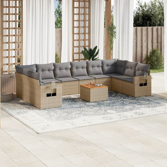 11-delige Tuinset met kussens poly rattan beige