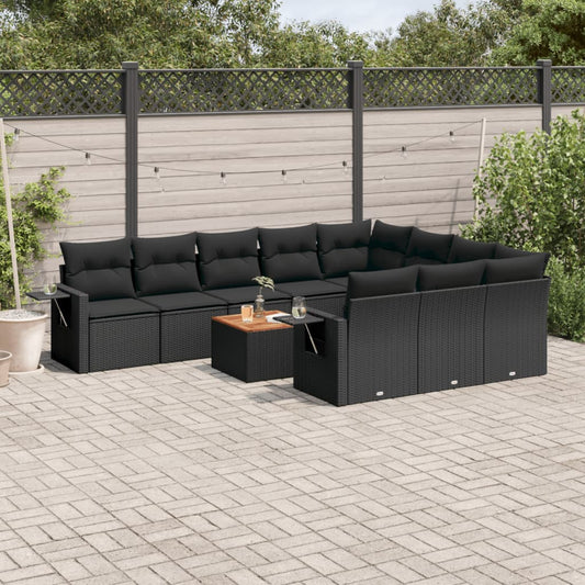 11-delige Loungeset met kussens poly rattan zwart