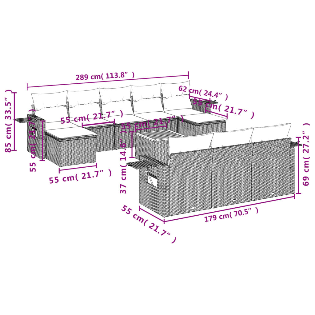 11-delige Loungeset met kussens poly rattan zwart