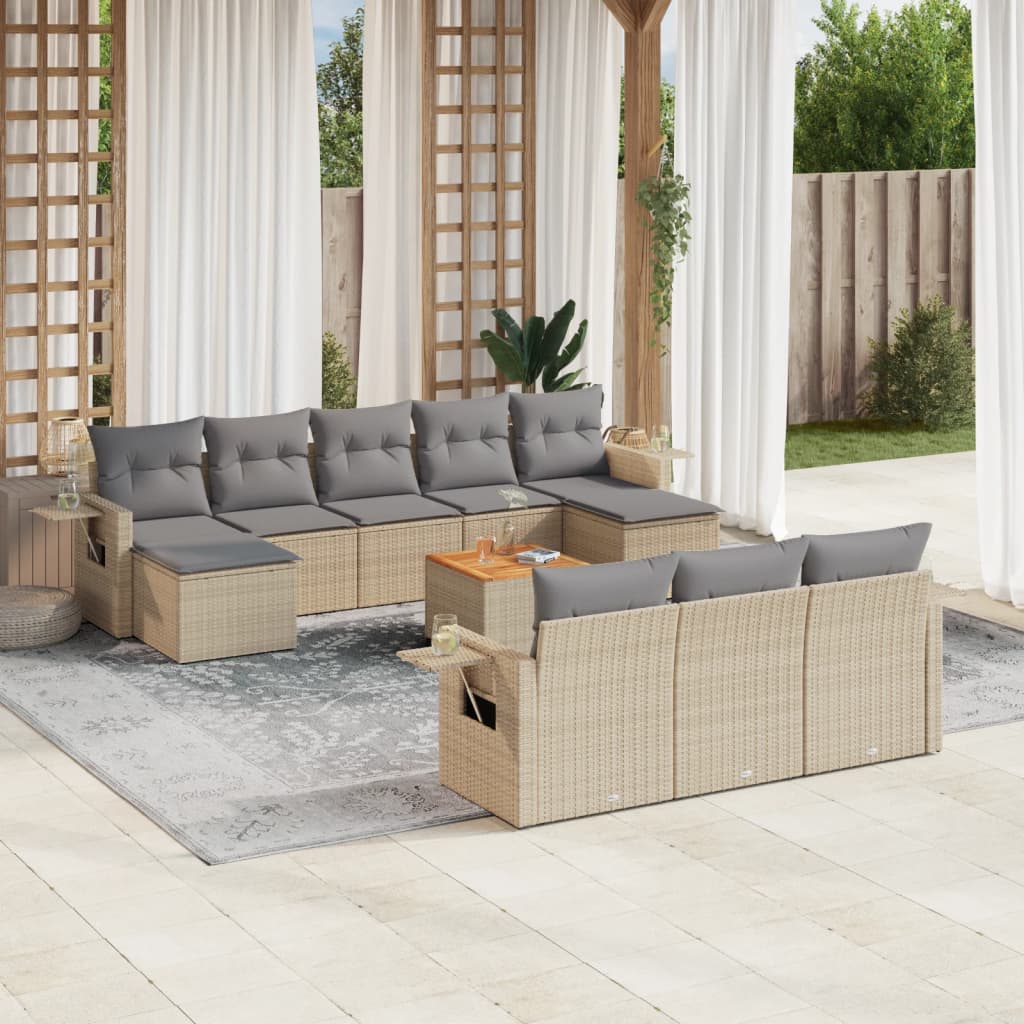 11-delige Tuinset met kussens poly rattan beige