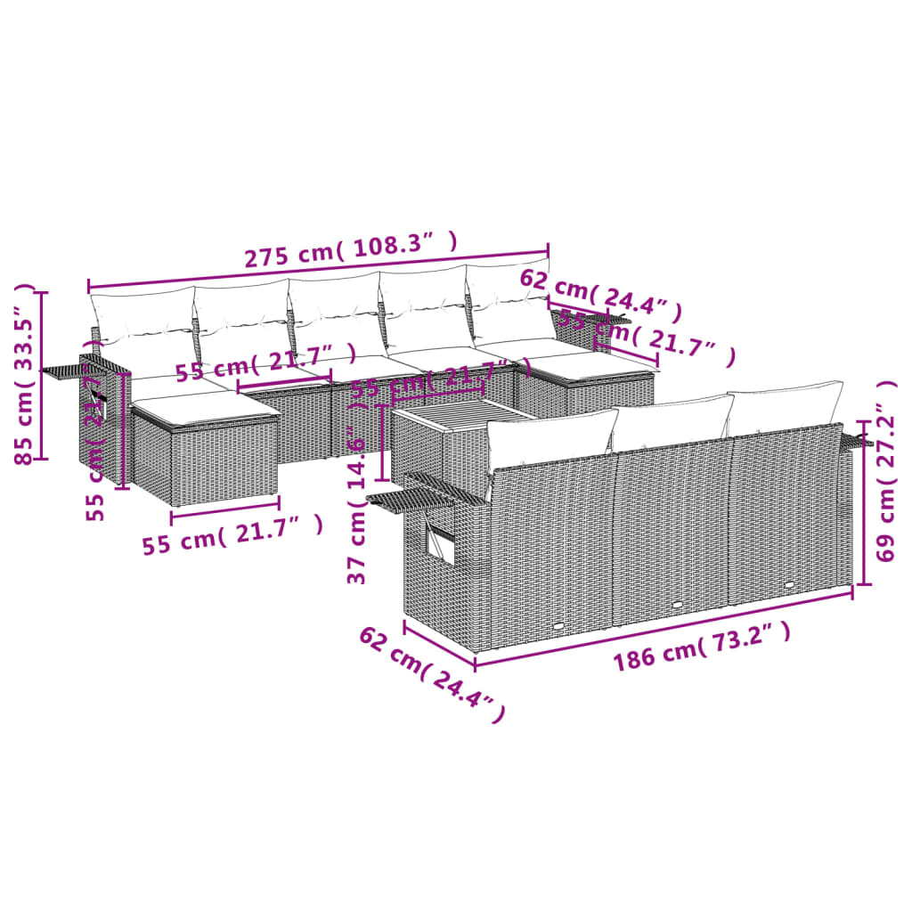 11-delige Loungeset met kussens poly rattan grijs