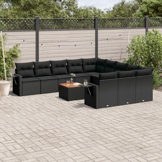 12-delige Loungeset met kussens poly rattan zwart