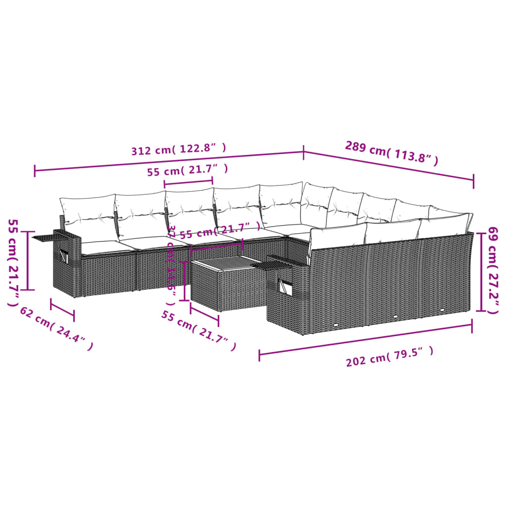 12-delige Loungeset met kussens poly rattan grijs Modulaire tuinbanken | Creëer jouw Trendy Thuis | Gratis bezorgd & Retour | Trendy.nl