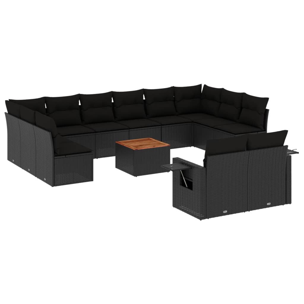 13-delige Loungeset met kussens poly rattan zwart