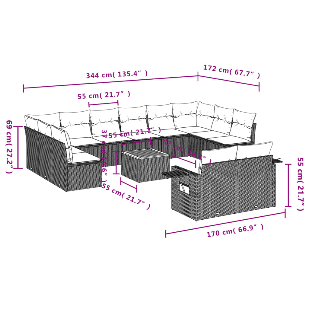 13-delige Loungeset met kussens poly rattan zwart