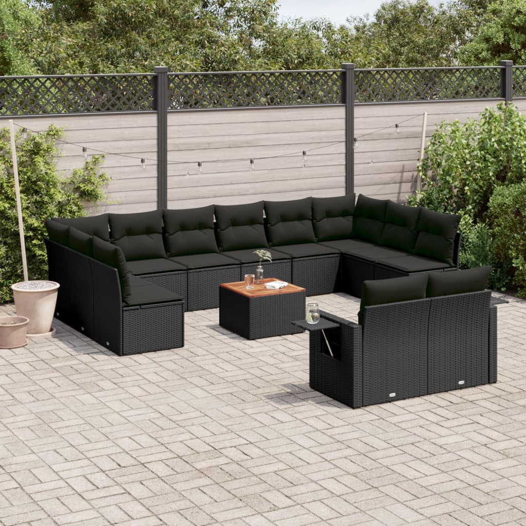 13-delige Loungeset met kussens poly rattan zwart