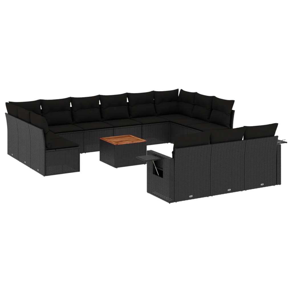 14-delige Loungeset met kussens poly rattan zwart