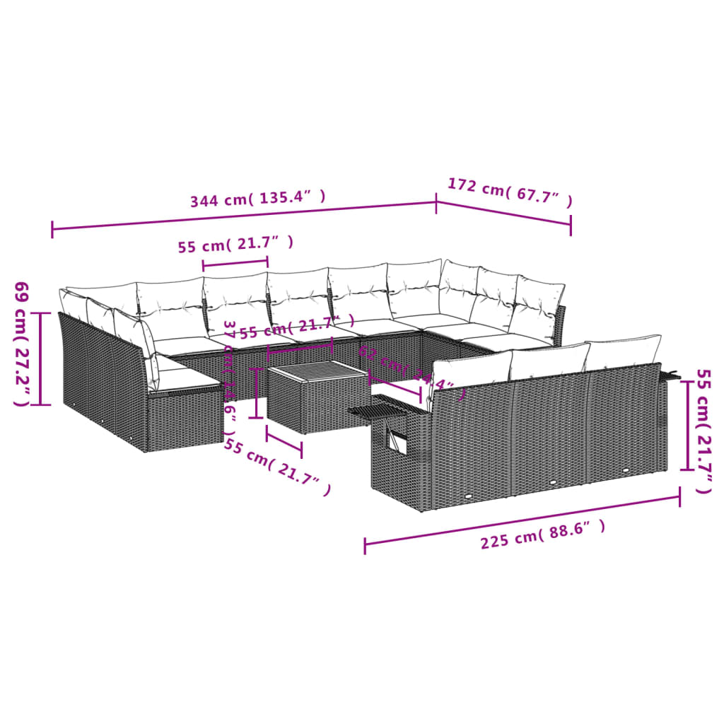 14-delige Loungeset met kussens poly rattan zwart