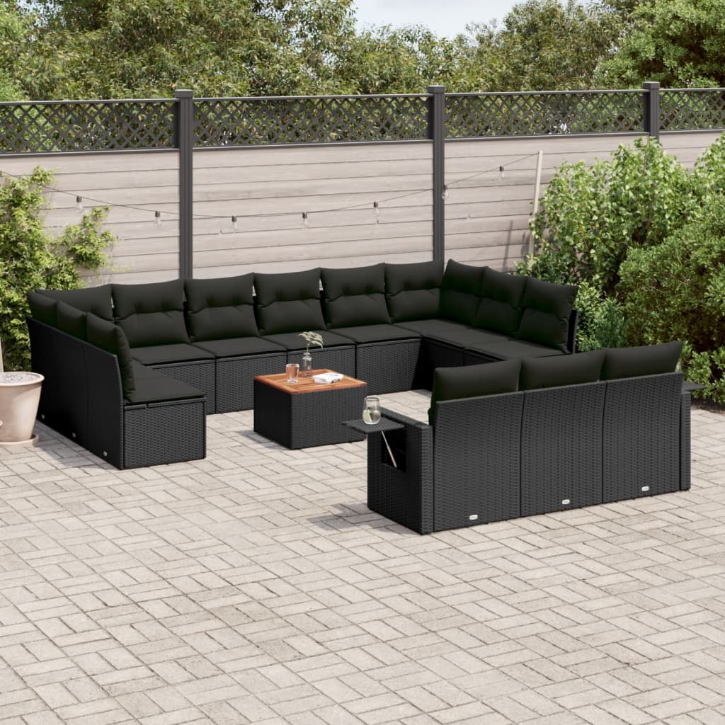 14-delige Loungeset met kussens poly rattan zwart