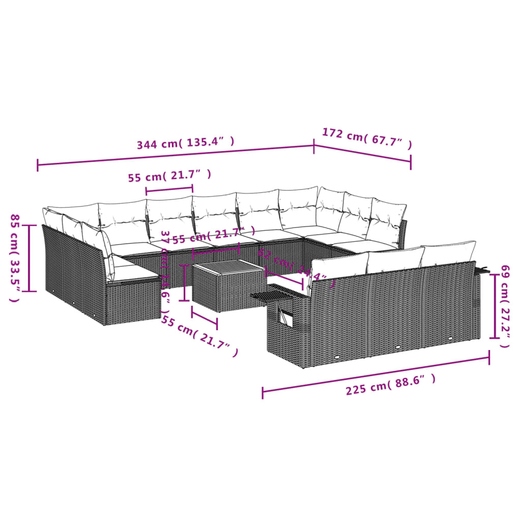 14-delige Loungeset met kussens poly rattan beige