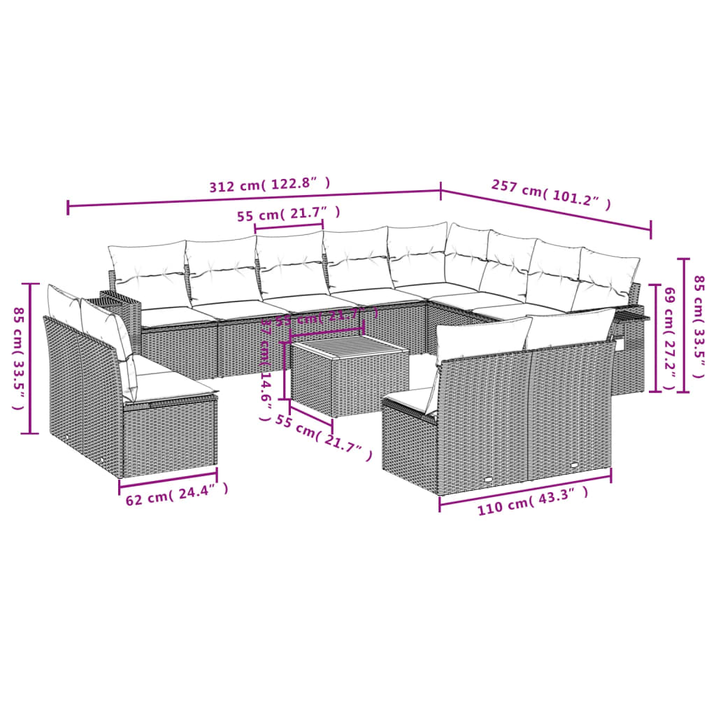 13-delige Loungeset met kussens poly rattan zwart