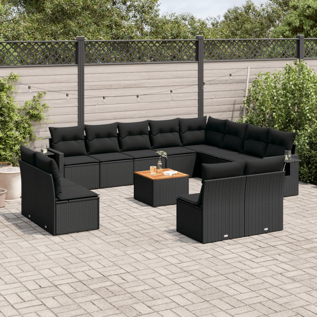 13-delige Loungeset met kussens poly rattan zwart