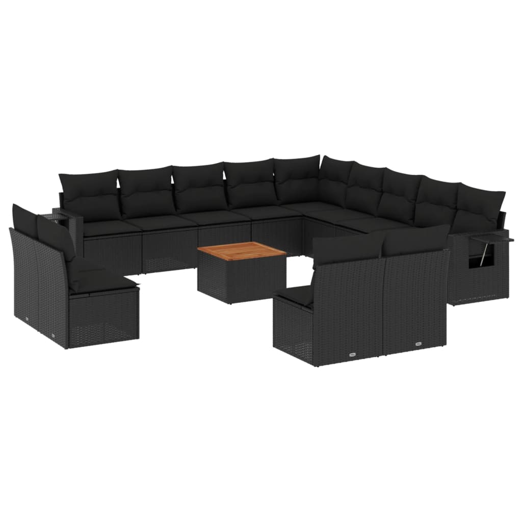 14-delige Loungeset met kussens poly rattan zwart