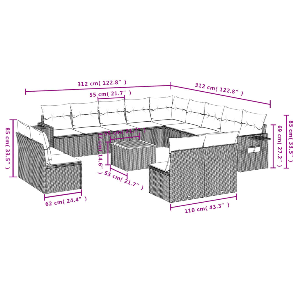 14-delige Loungeset met kussens poly rattan zwart