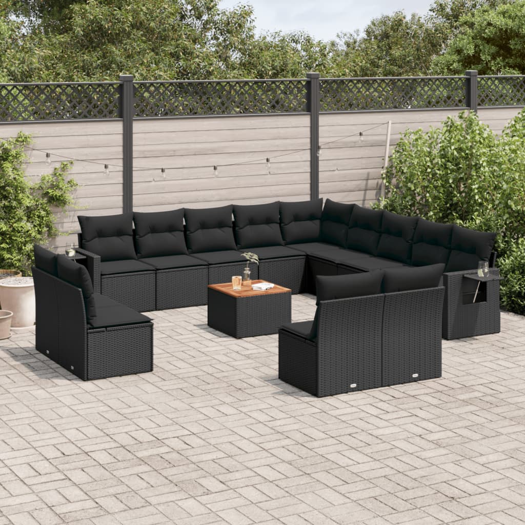 14-delige Loungeset met kussens poly rattan zwart