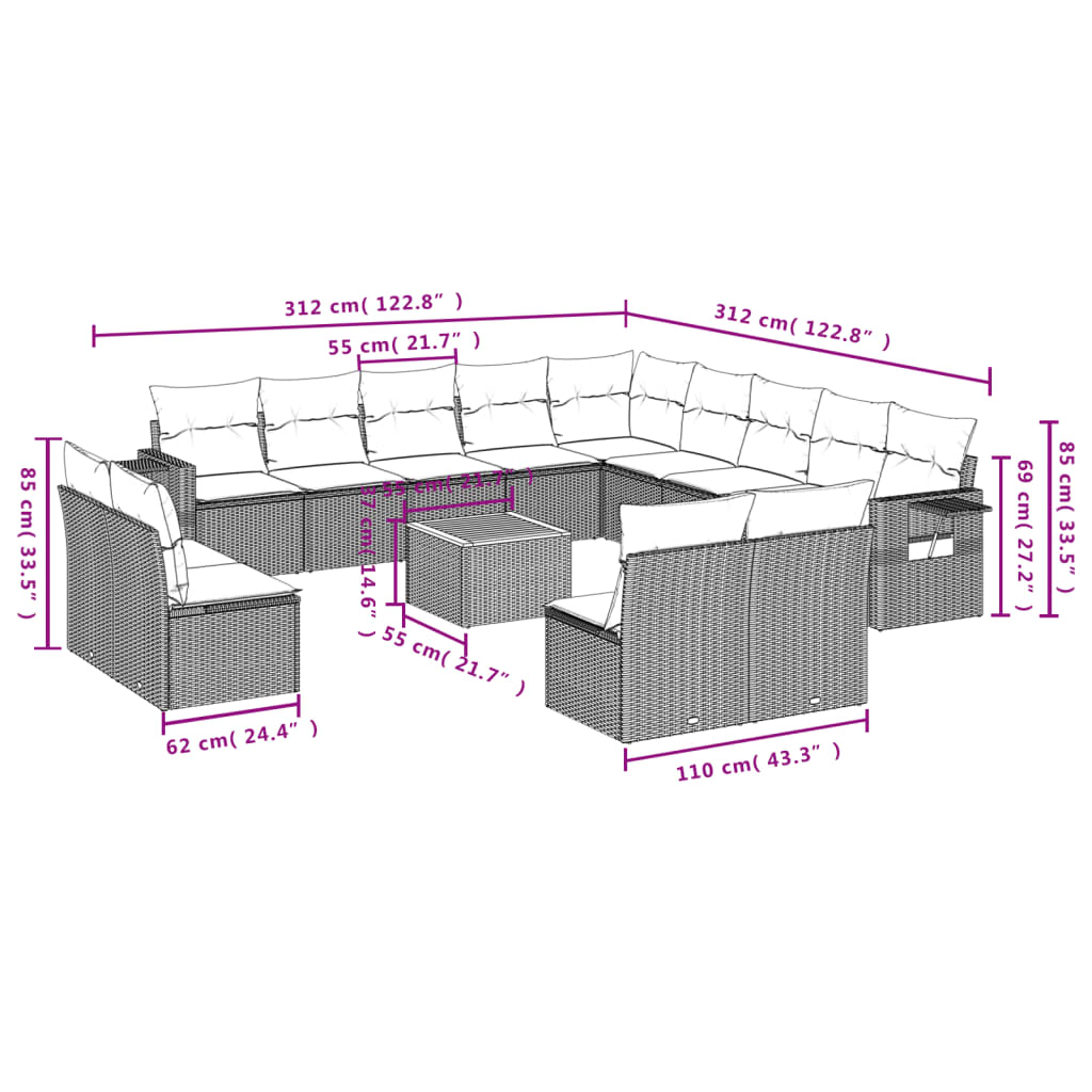 14-delige Loungeset met kussens poly rattan zwart Modulaire tuinbanken | Creëer jouw Trendy Thuis | Gratis bezorgd & Retour | Trendy.nl