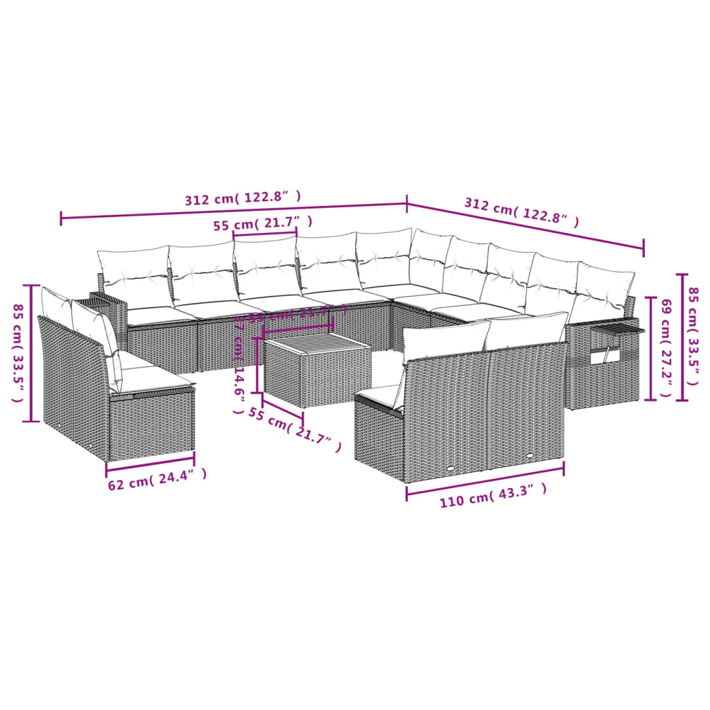 14-delige Loungeset met kussens poly rattan beige