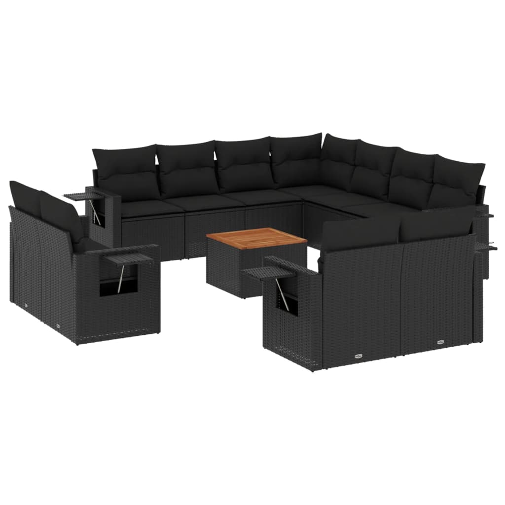 12-delige Loungeset met kussens poly rattan zwart