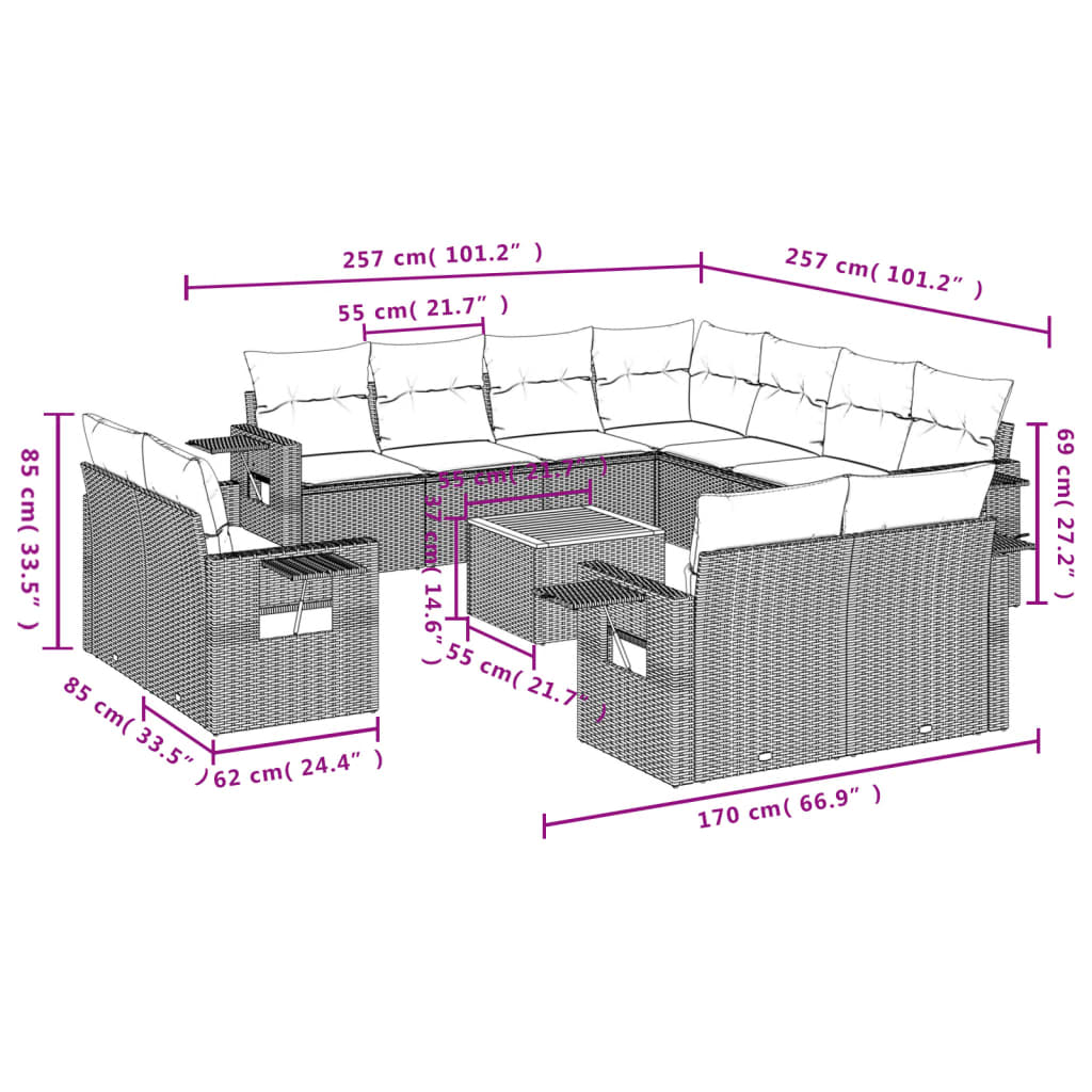 12-delige Loungeset met kussens poly rattan zwart